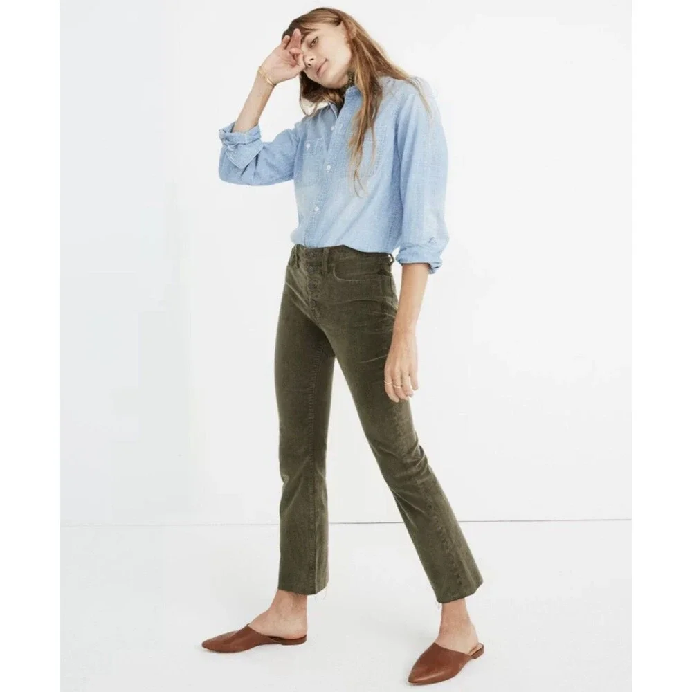 Madewell Cali Demi-Boot Button Fly Raw Hem Capers Green Corduroy Pants Size 24
